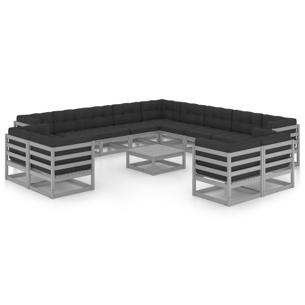 14-tlg. Garten-Lounge-Set mit Kissen Grau Kiefer Massivholz